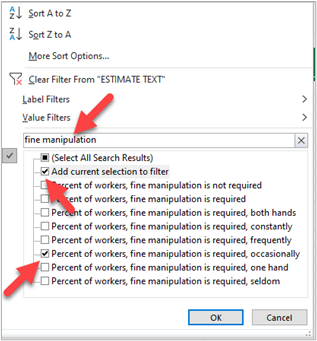 Graphic with red arrows showing again where to enter and search keywords and then select additional requirements. An arrow points to a box to check to Add current selection to filter