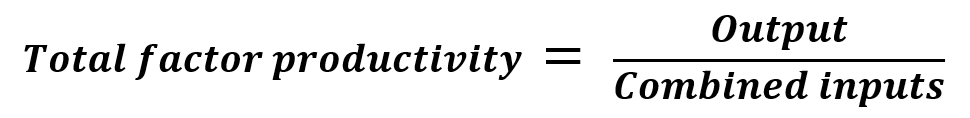 Equation showing total factor productivity equal to output divided by combined inputs
