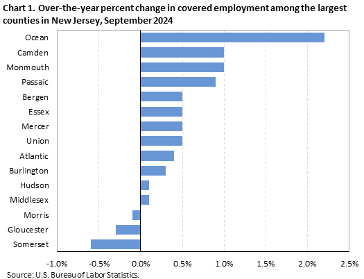Horizontal bar chart of over-the-year percent change in covered employment among the largest counties in New Jersey, September 2024. Accessible version available in View Chart Data link below the chart. 