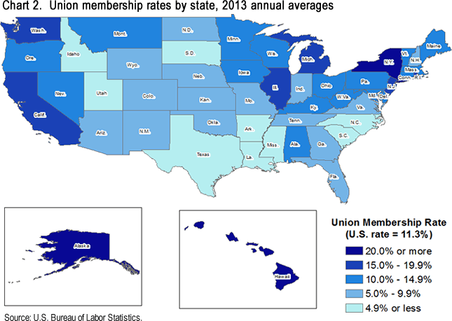 Chart 2. Union membership rates by state, 2013 annual averages