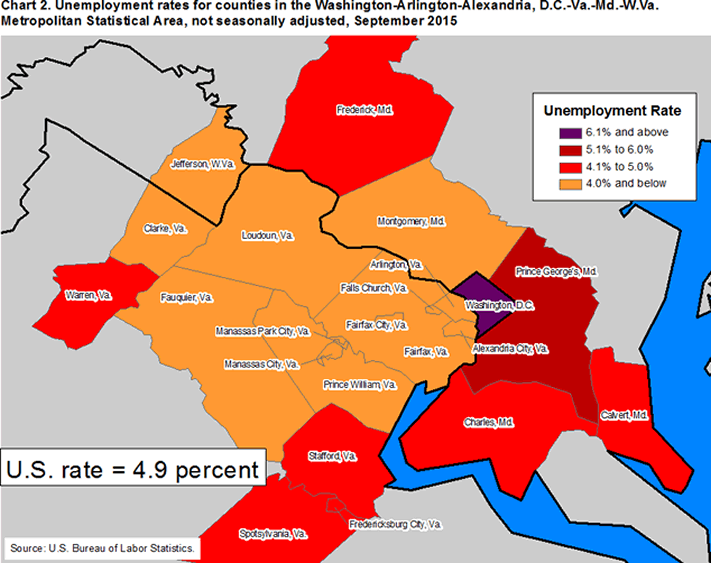 Chart 2. Unemployment rates for counties in the Washington-Arlington-Alexandria, D.C.-Va.-Md.-W.Va. Metropolitan Statistical Area, not seasonally adjusted, September 2015