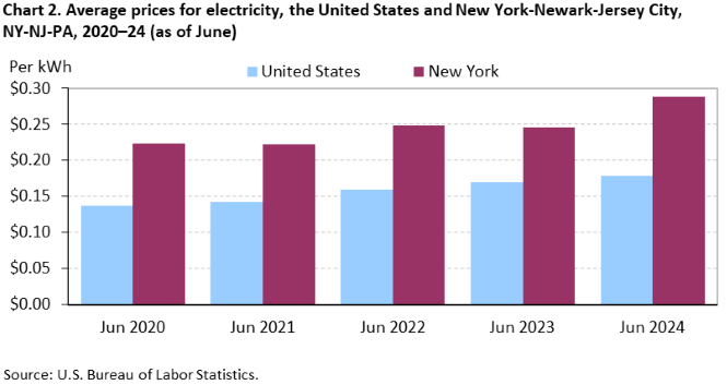 Chart 2. Average prices for electricity, the United States and New York-Newark-Jersey City, NY-NJ-PA, 2020–24 (as of June)
