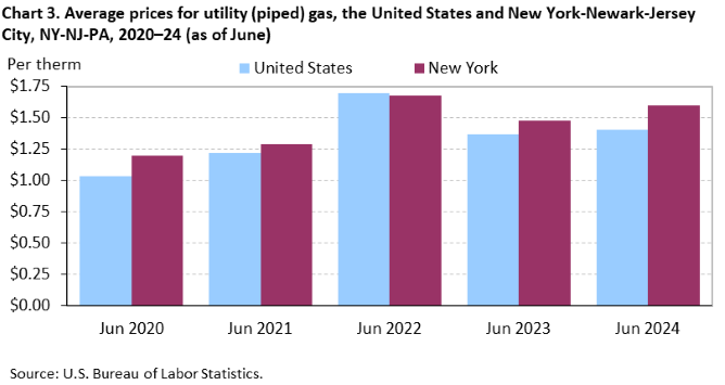 Chart 3. Average prices for utility (piped) gas, the United States and New York-Newark-Jersey City, NY-NJ-PA, 2020–24 (as of June)