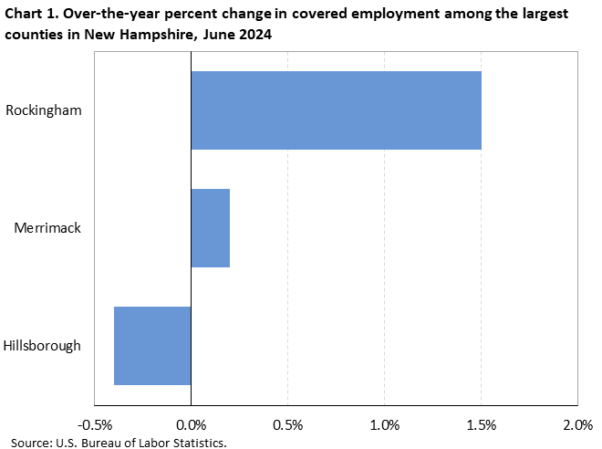 Chart 1. Horizontal bar chart displaying over-the-year percent change in covered employment among the largest counties in New Hampshire, June 2024. Accessible version is available in View Chart Data link below the chart.