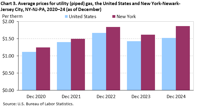 Bar chart of average prices for utility (piped) gas in the United States and New York-Newark-Jersey City, NY-NJ-PA, December 2020 to December 2024. Accessible version is available in View Chart Data link below the chart. 