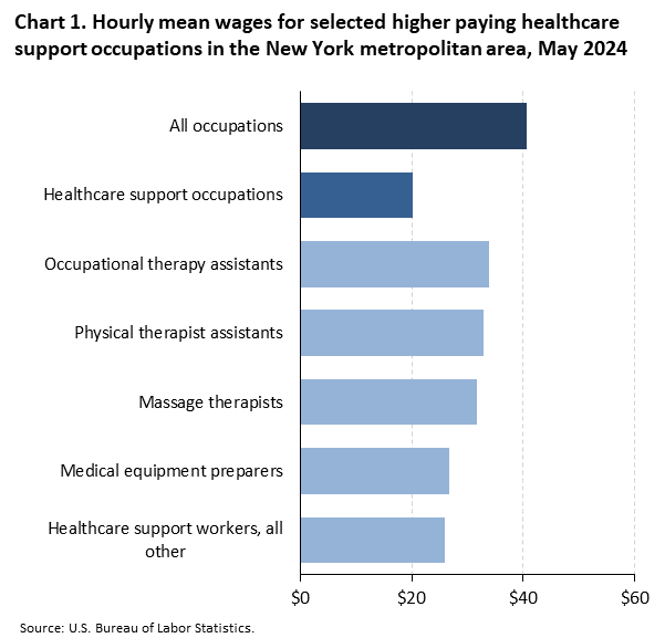 Horizontal bar chart of hourly mean wages for selected higher paying healthcare support occupations in the New York metropolitan area, May 2024. Accessible version is available in View Chart Data link below the chart.