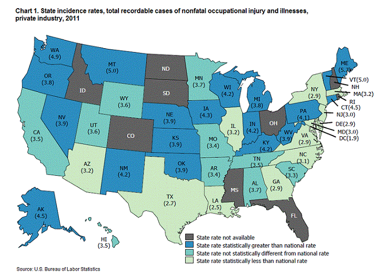 Chart 1. State incidence rates, total recordable cases of nonfatal occupational injury and illnesses, private industry, 2011