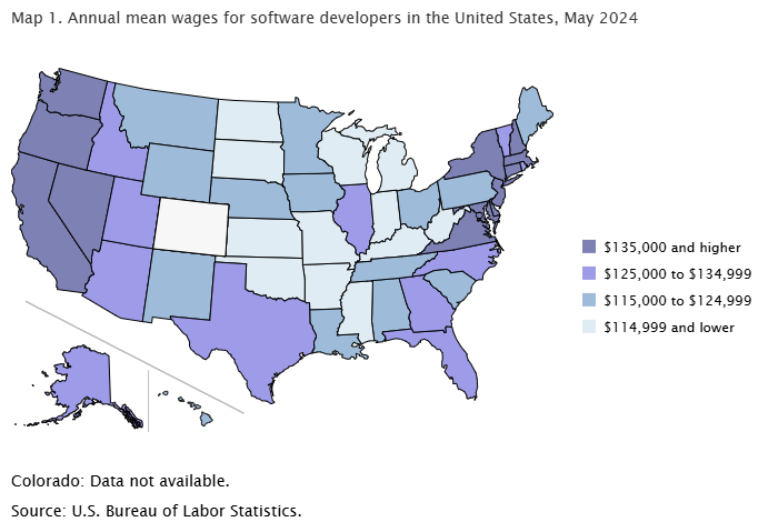 Map of annual mean wages for software developers in the United States, May 2024.
